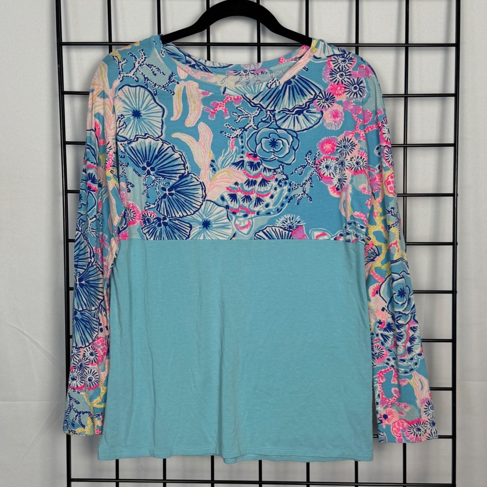 Lilly Pulitzer‎ Top Women XS Finn Aqua La Vista Relax Long Sleeve Colorful Beach